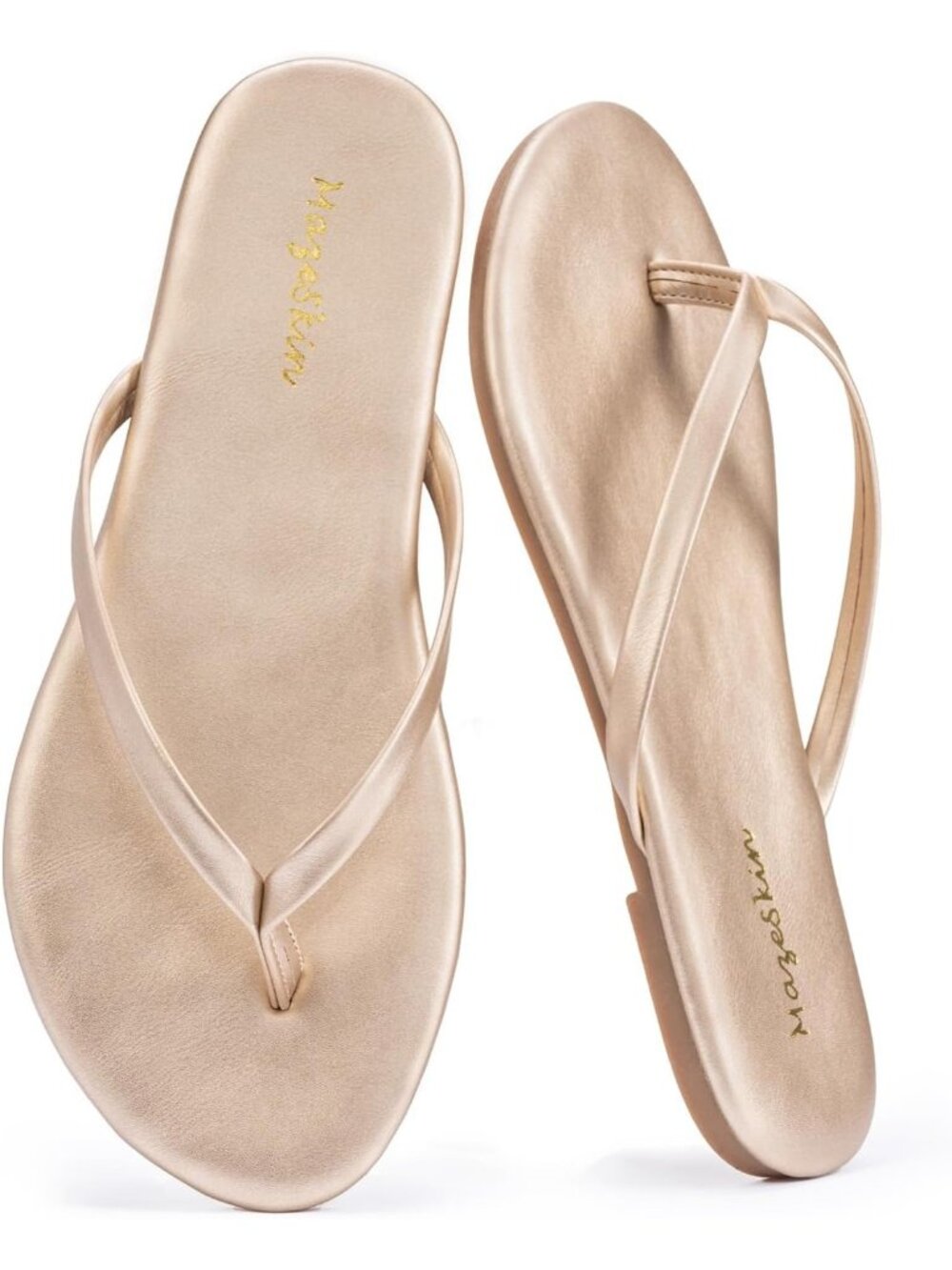 Women's Champagne Flat Thong Sandals Dressy Summer Beach Leather Slide Flip Flop